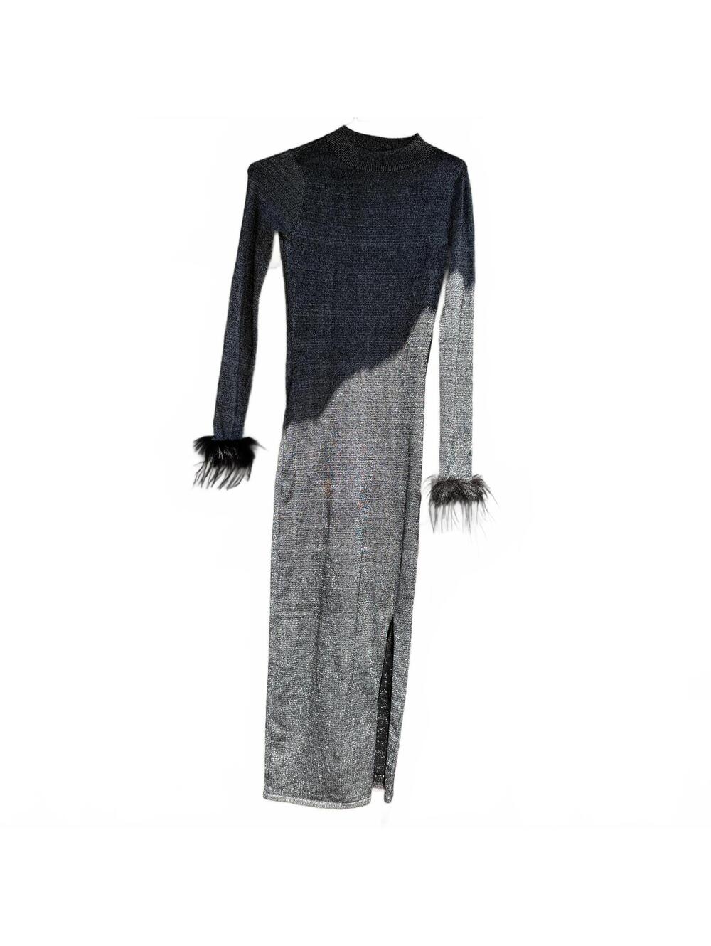 Emma & Posh Metallic Knit Feather Cuff Long Sleeve Maxi Dress Slit Small